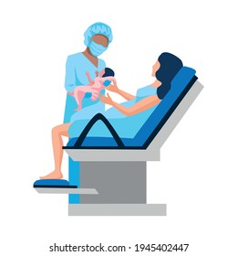 Vector illustration of a happy woman in labor in the delivery room with a newborn baby and a nurse. Childbirth and the joy of motherhood.