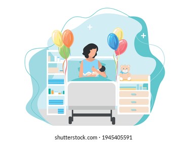 Vector Illustration Of A Happy Woman In Labor With A Newborn Baby Lies In A Hospital Room Decorated With Balloons. Childbirth And The Joy Of Motherhood Vector Illustration On An Abstract Modern Backgr