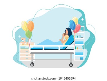 Vector Illustration Of A Happy Woman In Labor With A Newborn Baby Lies In A Hospital Room Decorated With Balloons. Childbirth And The Joy Of Motherhood Vector Illustration On An Abstract Modern Backgr