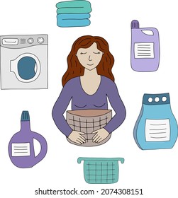 Vector illustration with happy woman and laundry items. Laundry clipart - washing mashine, clean clothers, basket, washing powder, fabric softener
