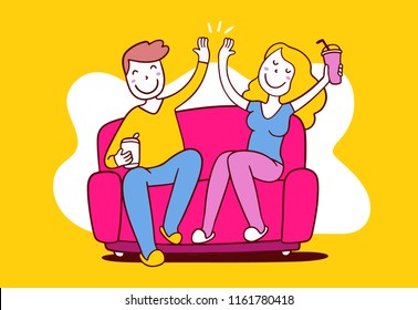 Vector illustration of happy woman and man sitting on sofa high five. Positive communication of people concept. Flat line art style design for web, site, banner, poster