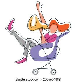 Vector illustration of a happy woman on a trolley holding a megaphone. This illustration can be used to describe sale, big sale, happy shopping, great deals, etc.