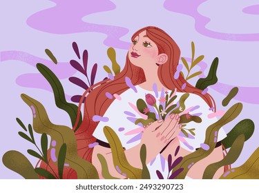 Ilustración vectorial de una mujer feliz en hojas bg con la mano en su corazón sintiendo amor propio, cuidado propio y aceptación propia. Ilustración tranquila con armonía y concepto de emoción positiva. 