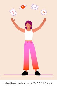 vector illustration of an happy woman raising her arms with icons