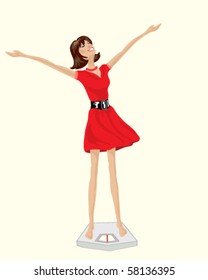 vector illustration of a happy woman in a red dress standing on bathroom scales with her arms in the air celebrating weight loss
