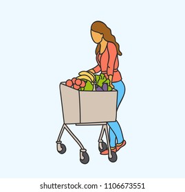 Vector illustration happy woman shopping with shopping cart buying food at grocery storeor supermarket. Vector set in a flat style. Cartoon character