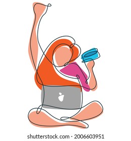 vector illustration of a happy woman shopping online through a laptop while holding a credit card