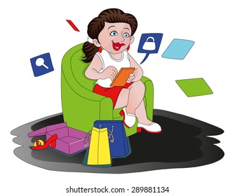 Vector illustration of happy woman shopping online.