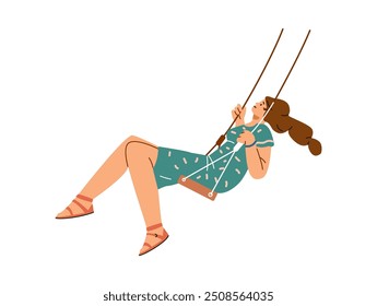 Vector illustration of a happy woman swinging on a swing, dressed in a dress. The concept of self-love and a serene life. Character in flat cartoon style with side view. Isolated background.