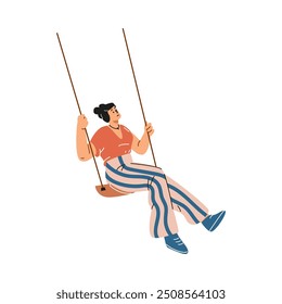 Vector illustration of a happy woman swinging on a swing, wearing a T-shirt and striped pants. Theme: self-love and a serene life. Flat cartoon style on isolated background.