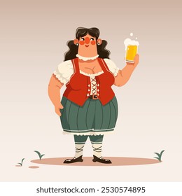 Vector illustration. Happy woman in traditional attire holds up frothy beer mug with warm smile. Cartoon art style. Concept of food and drink, traditions, Oktoberfest, celebration.