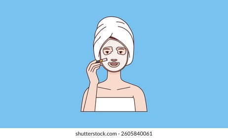 Vector illustration of a happy woman using a brush to apply a mask on her face. Skincare routine concept.