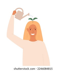 Vector illustration of a happy woman watering a sprout on her head from a watering can. The concept of positive thinking, self-improvement, taking care of your mental health.