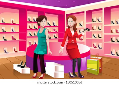 A vector illustration of happy women buying shoes in a shoes store