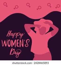Vector illustration of Happy Women Day pink background.Pink women silhouette on dark purple background