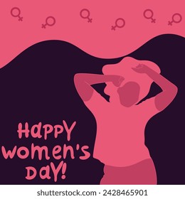 Vector illustration of Happy Women Day pink background.Pink women silhouette on dark purple background