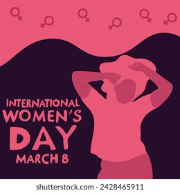 Vector illustration of Happy Women Day pink background.Pink women silhouette on dark purple background
