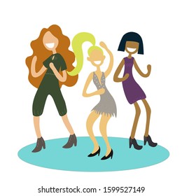 
vector illustration with happy women friends dance and smile in flat style.people cartoon character. 