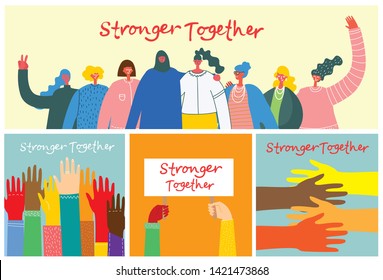 Vector illustration of Happy women holding hands together in the flat style. Concept illustration with colored characters. Stronger together 