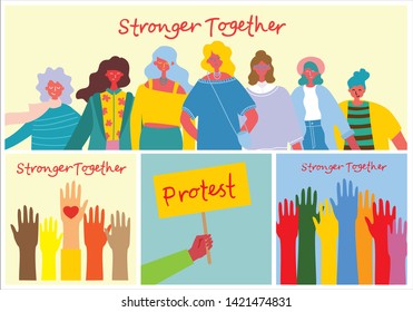 Vector illustration of Happy women holding hands together in the flat style. Concept illustration with colored characters. Stronger together 