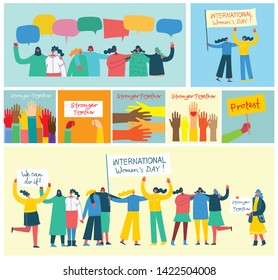 Vector illustration of Happy women holding hands together in the flat style. Concept illustration with colored characters. Stronger together 
