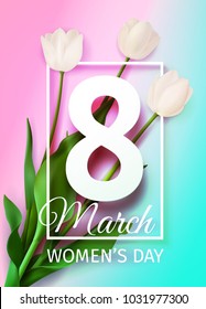 Vector illustration Happy Women's Day March 8 holiday greeting card with a bouquet of white tulips on blue pink background with frame