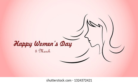 Vector illustration of happy women's day 8 march.  Girl face with long hair in outline style and flower decoration.  can use for greeting card, banner, poster, flyer, wallpaper in flat style design 