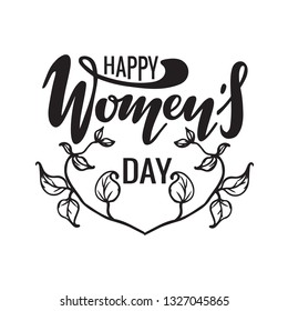 Vector illustration of happy women's day with inscription and floral romantic elements.