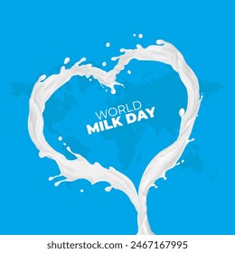 Vector illustration of Happy World Milk Day. Fresh heart shape milk splash with world map background.