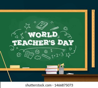 vector illustration of happy world teacher's day. Stack of books with color pencil on table and doodle typography on green blackboard background. Chalk drawn congratulations. Vector illustration.