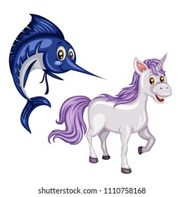 Vector Illustration of a Happy Xiphias and Unicorn. Cute Cartoon Animals with Horns Isolated on a White Background. Happy Animals Set