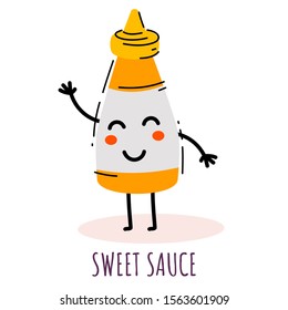 Vector illustration of happy yellow bottle with sauce character on white background. Flat line art style design for web, site, poster, banner, menu, sticker