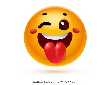 Vector Illustration Of Happy Yellow Color Emoticon With Open Mouth And Tongue On White Background. 3d Style Design Of Fun Wink And Stick Out Tongue Emoji For Social Media Message