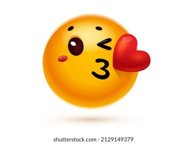 Vector illustration of happy yellow color emoticon with lips kiss in shape of heart on white background. 3d style design of fun wink and kiss emoji for social media message