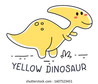 Vector illustration of happy yellow cute child dinosaur character on white background. Flat doddle line art style design of dinosaur for web, site, poster, banner, print, sticker