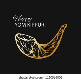 Vector illustration of Happy Yom Kippur background with shofar. Gold on black background