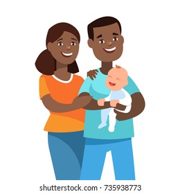 Vector illustration happy young african american family with foster baby. Portrait of a father, mother and kid in cartoon style. Multiracial family.