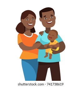 Vector Illustration Happy Young African Couple With Baby. Portrait Of A Father, Mother And Kid In Cartoon Style