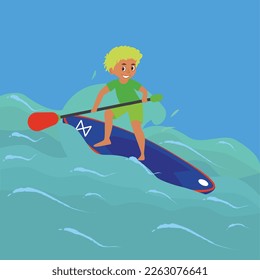 ilustración vectorial con joven feliz                                                  niño en la tabla de remo