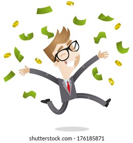 Vector illustration of a happy young cartoon businessman jumping and throwing bank notes and coins up (JPEG version also available in my gallery). 