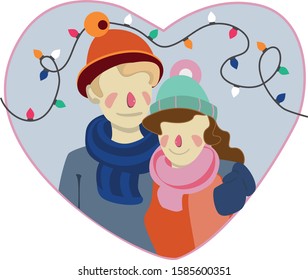 Vector illustration of happy young couple in winter time in heart-shape frame. Saint Valentines theme. Design for covers, cards, backgrounds, prints, stikers.