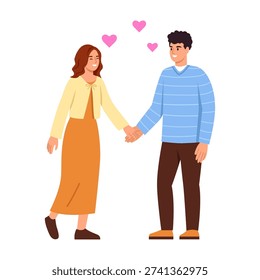  Vector illustration of happy young couple in love meeting. Cartoon scene of smiling boy and girl holding hands, looking at each other, feeling deep affection, hearts isolated on white background.