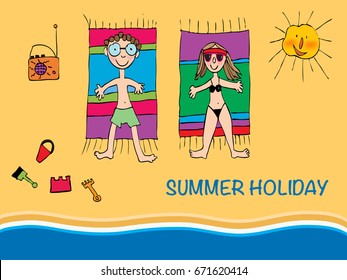 Vector Illustration Happy Young Couple Lying on a Tropical Seaside Beach Flat Top Angle View