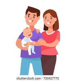 Vector illustration happy young couple with baby. Portrait of a father, mother and kid in cartoon style.