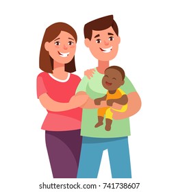 Vector Illustration Happy Young Couple With Foster Baby. Portrait Of A Father, Mother And Adoption African Kid In Cartoon Style. Multiracial Family