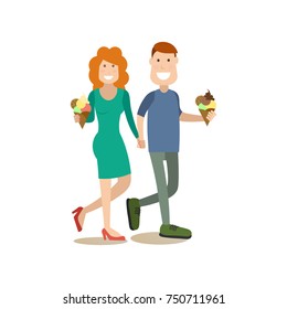Vector illustration of happy young couple with ice cream cones. Street people holding hands flat style design element, icon isolated on white background.