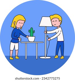 Vector illustration of happy young couples decorating a new space with lamp and cactus plant