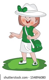 Vector illustration of happy young girl with hat and bag, gesturing.