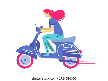 Vector illustration of happy young girl riding a scooter in flat style