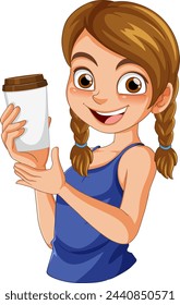 Vector illustration of a happy young girl with coffee